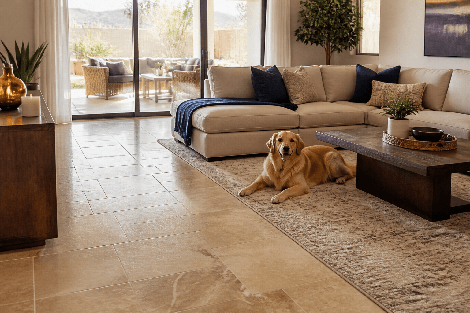 Bright living room with clean tile, an area rug and a dog